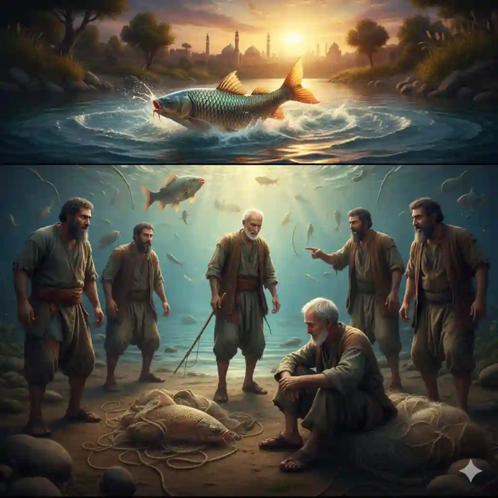 A feeble fisherman whose net captured a massive and powerful fish